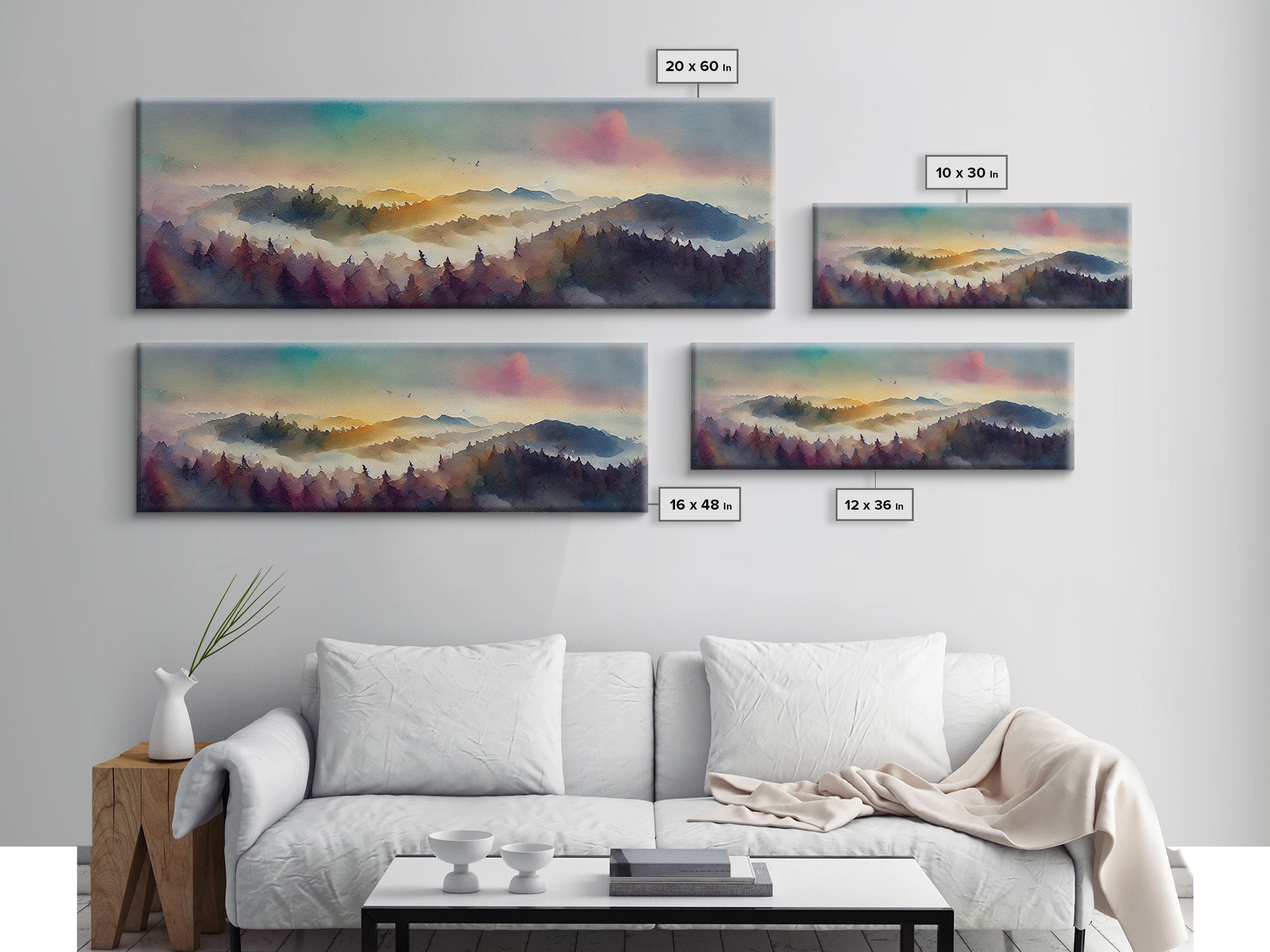 Dramatic Watercolor Sunset Landscape, Ready To Hang Canvas Print, Panoramic, Emerald Green Landscape Wall Decor, Watercolour Painting