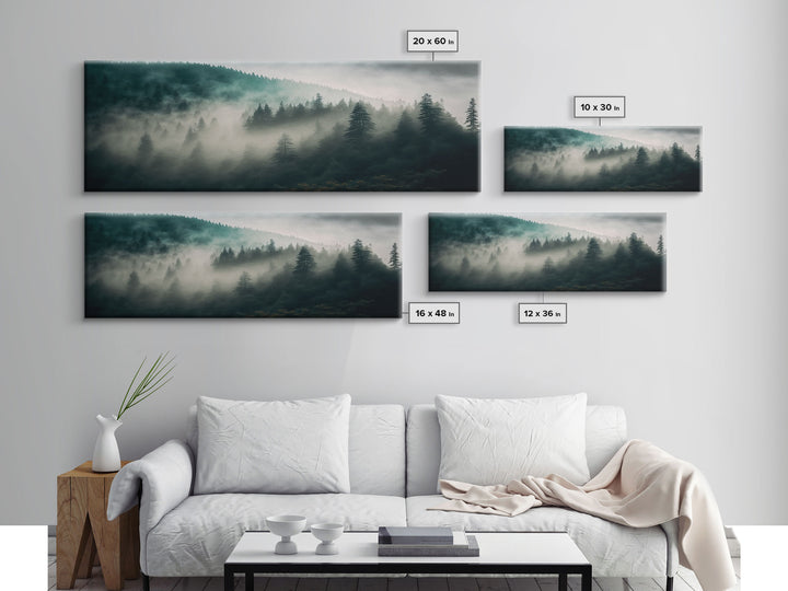 Panoramic watercolor of a misty forest fog, wall art, framed canvas print, farmhouse decor, foggy pine tree forest landscape, cabin art