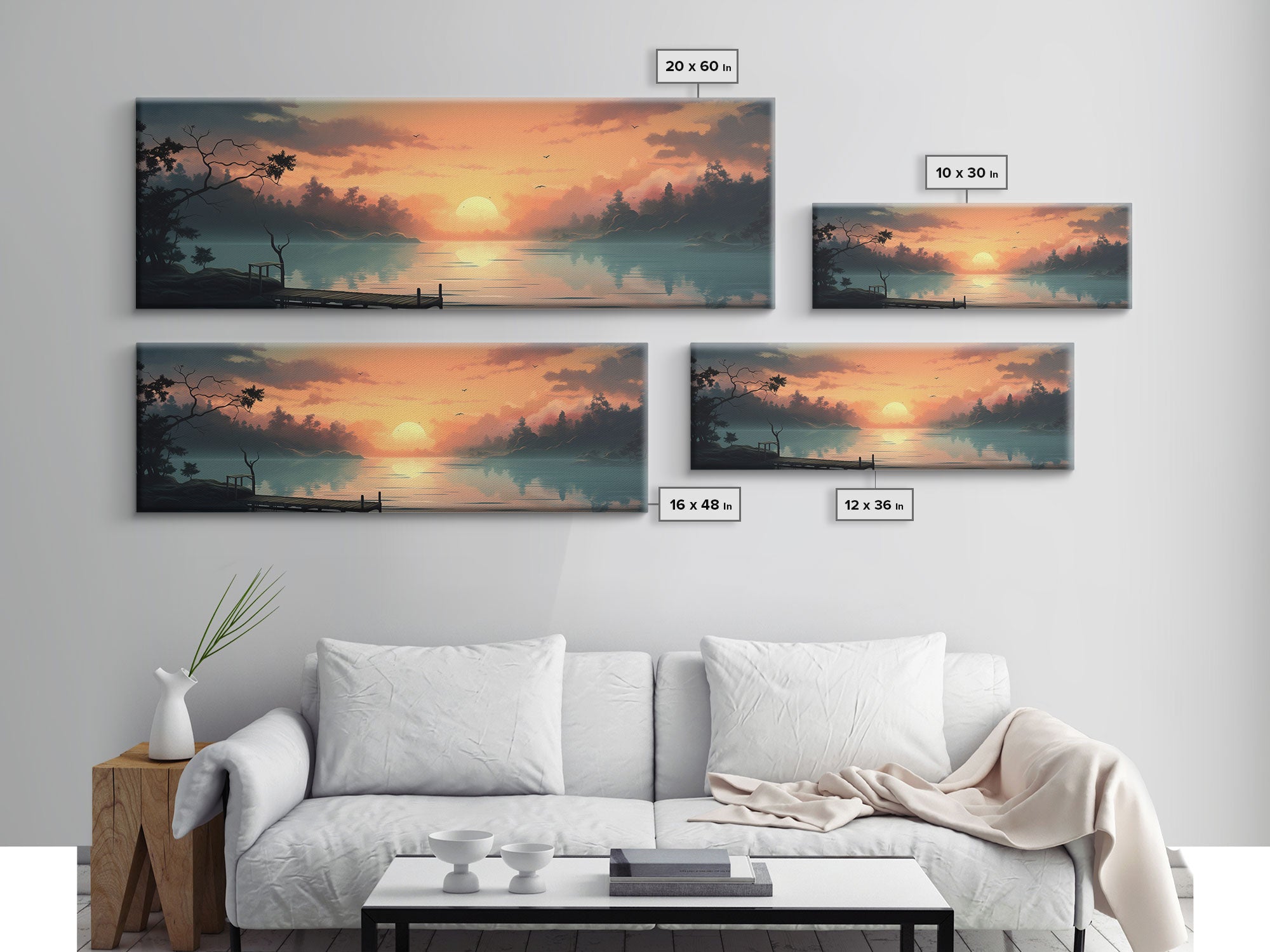 Custom Lakehouse Wall Art Framed Canvas Print, Gift For Him / Her, Lake House Decor, Watercolor Painting Of A Sunset Over The Lake