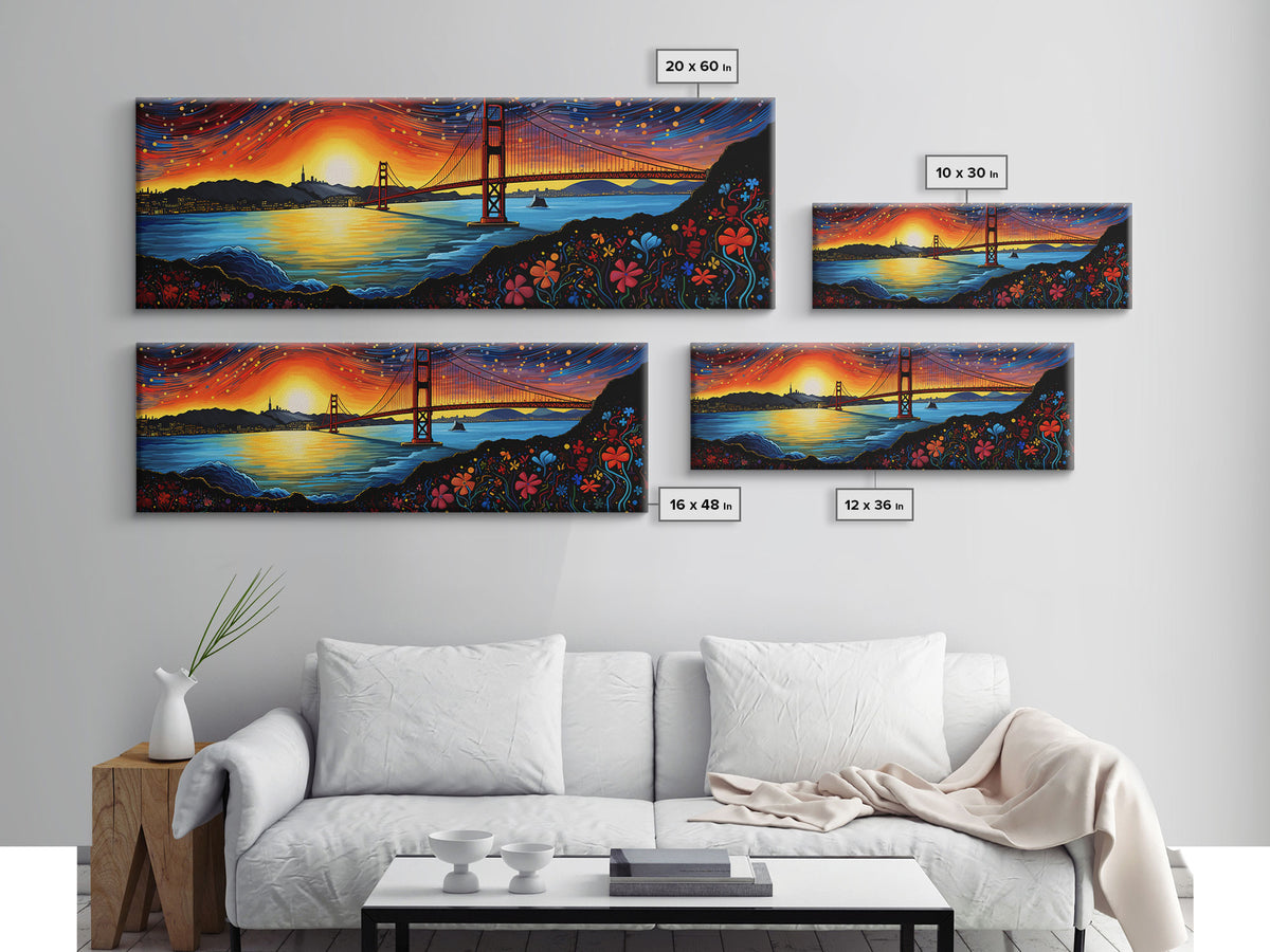 Golden Gate Bridge Abstract Panoramic Framed Canvas Print, Van Gogh Inspired Original Painting, Colorful California Wall Art