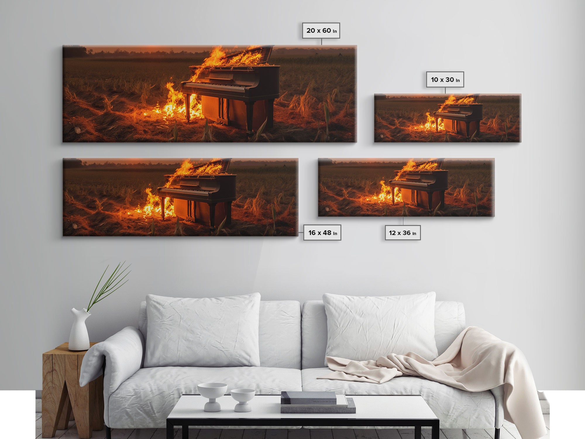 Urban Decay, Street Punk Art, Framed Canvas Print, Burning Grand Piano In A Field at Sunset, Dystopian Decor