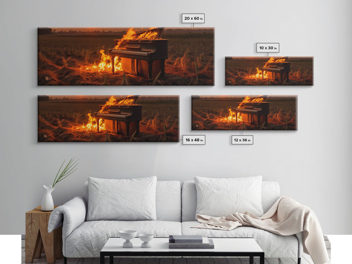 Urban Decay, Street Punk Art, Framed Canvas Print, Burning Grand Piano In A Field at Sunset, Dystopian Decor