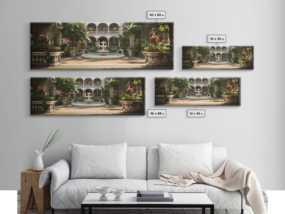 The Court Yard With The Marble Fountain, Framed Canvas Print, Watercolor Painting Framed Wall Art
