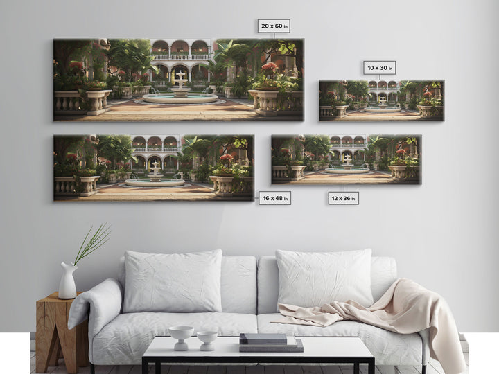 The Court Yard With The Marble Fountain, Framed Canvas Print, Watercolor Painting Framed Wall Art