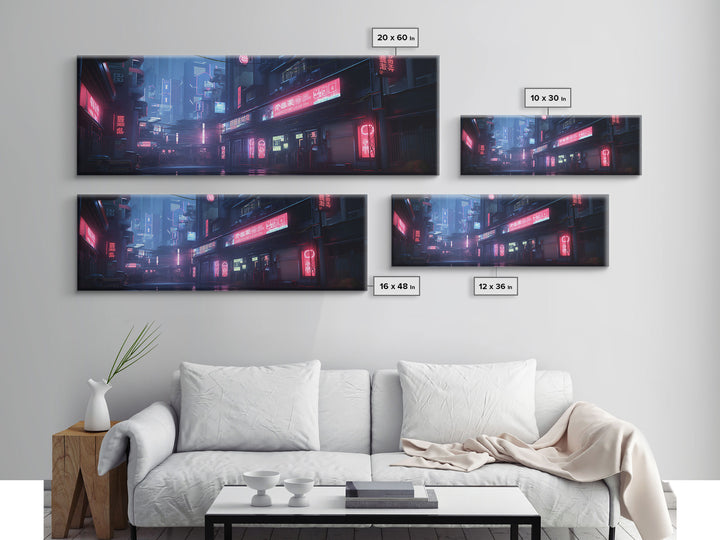 Neon Tokyo Streets, Futuristic Cyberpunk Cityscape Painting Framed Canvas Print, Game Room Decor, Framed Wall Art