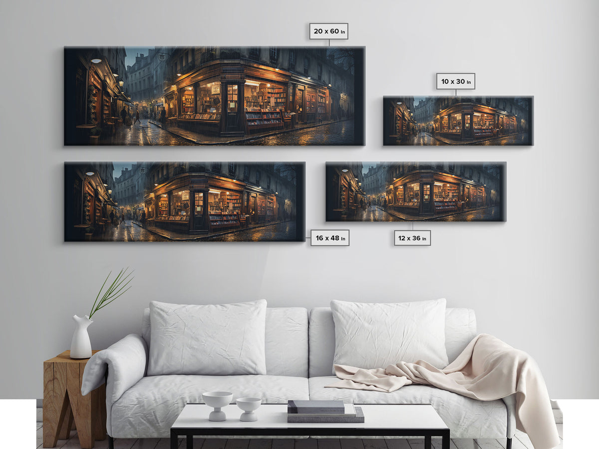 The Book Shop in Paris, Framed Canvas Print, Paris On A Rainy Night, Living Room Decor, Victorian Oil Painting