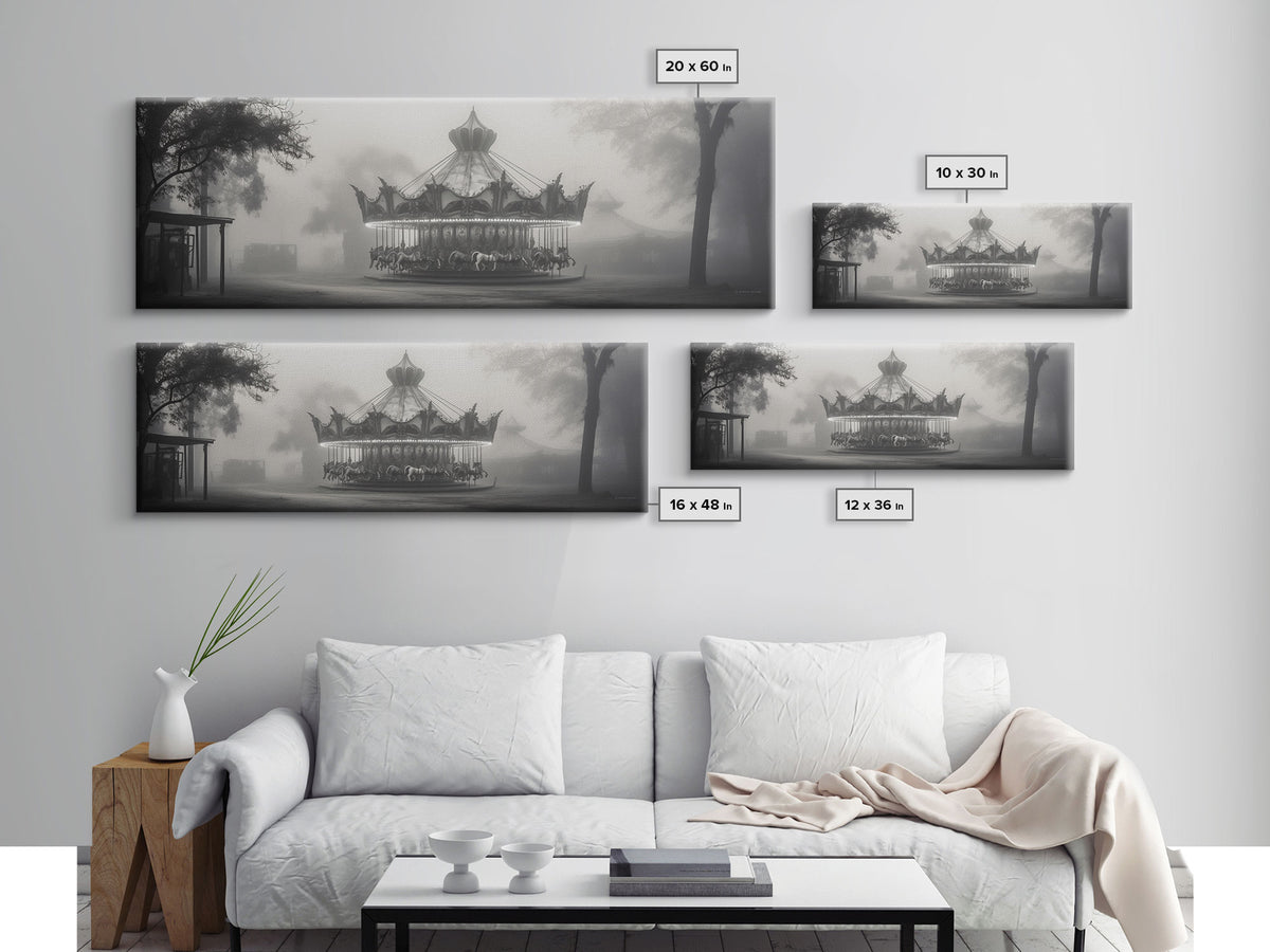 Creepy Carousel / Merry Go Round Wall Art, Framed Canvas Print, Black And White Art