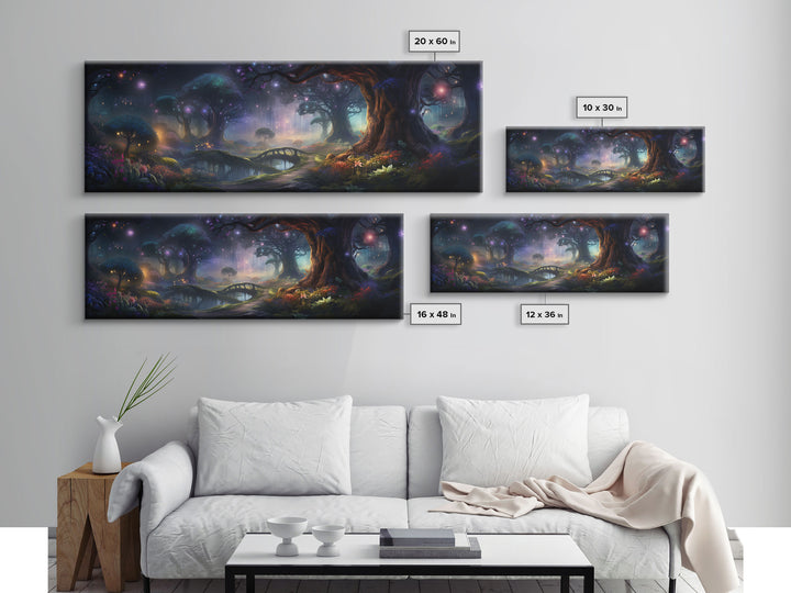 Spiritual Fantasy Forest Wall Art Print, Lanterns and Glowing Trees and Rivers, Fantasy Painting, Living Room Wall Art
