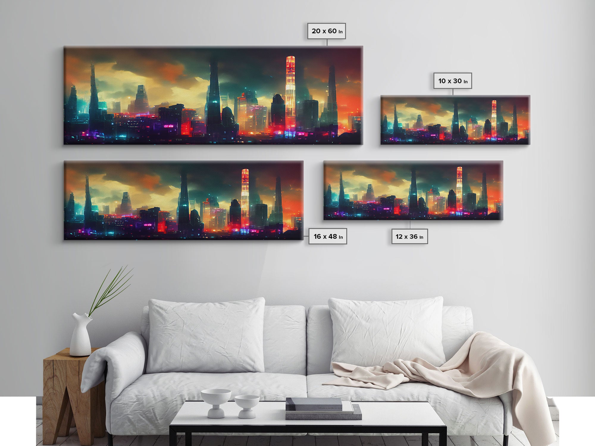 Cyber Punk Cityscape, Watercolor, Extra Large Wall Art, Framed Panoramic Canvas Print, Framed Wall Decor