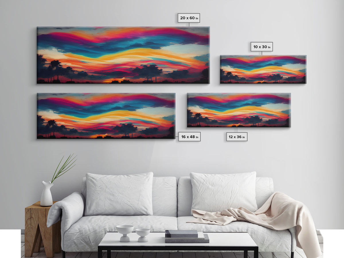 Beautiful Panoramic Sunset Watercolor, Extra Large Wall Art, Framed Panoramic Canvas Print, Framed Wall Art
