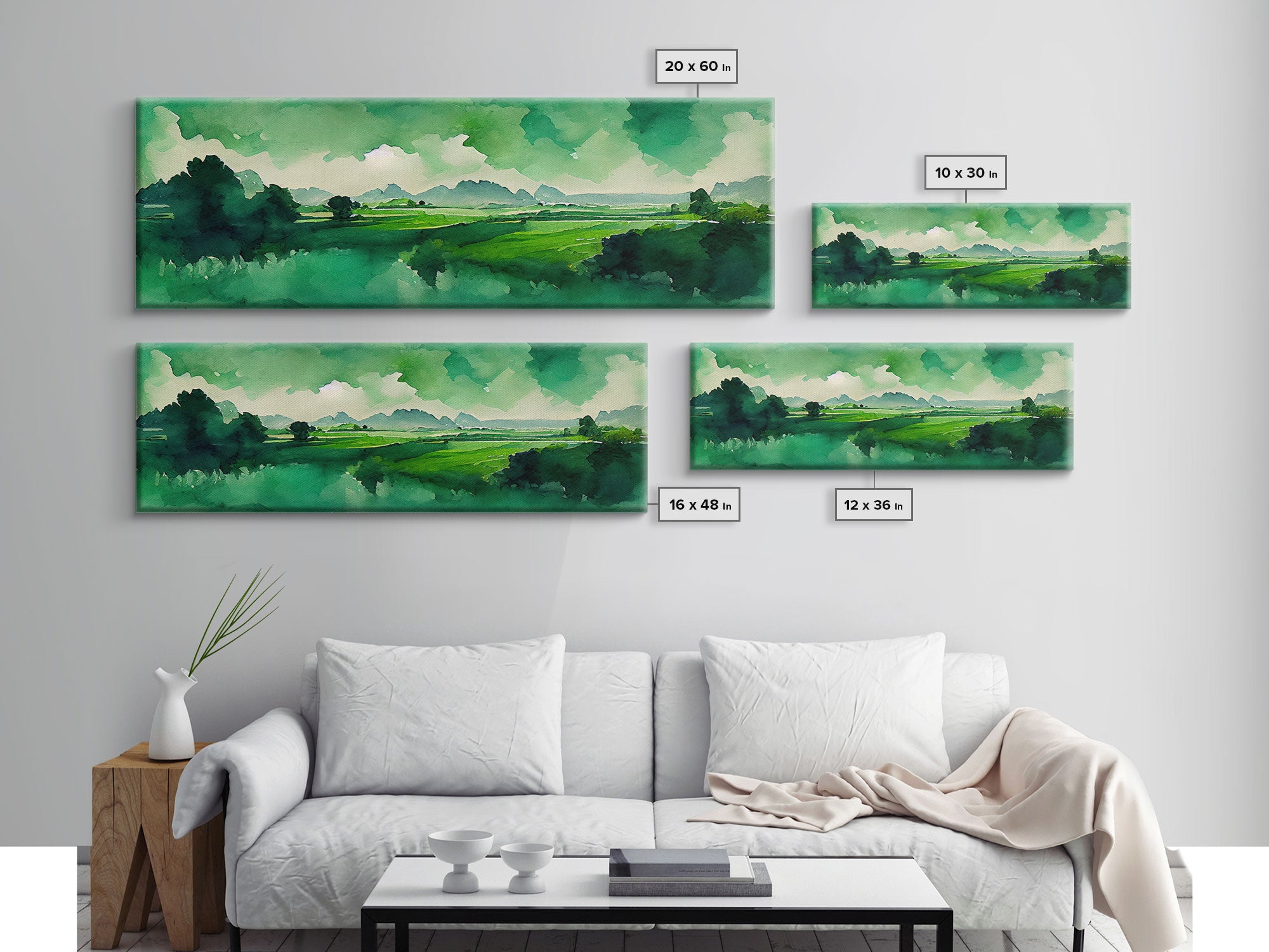 Watercolor Forest Landscape, Emerald Green, Extra Large Wall Art, Framed Panoramic Canvas Print, Framed Wall Decor