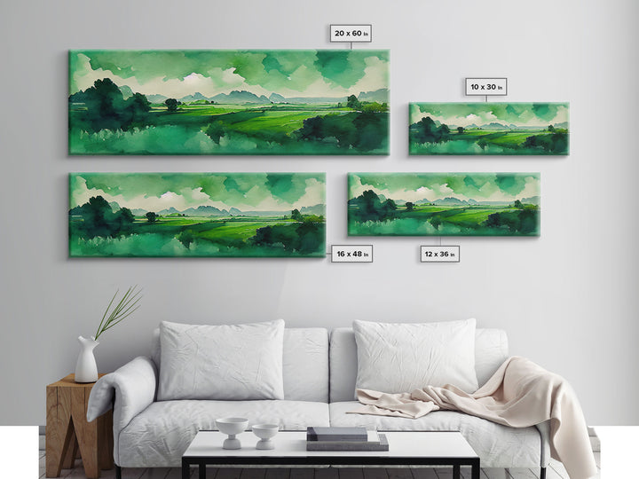 Watercolor Forest Landscape, Emerald Green, Extra Large Wall Art, Framed Panoramic Canvas Print, Framed Wall Decor