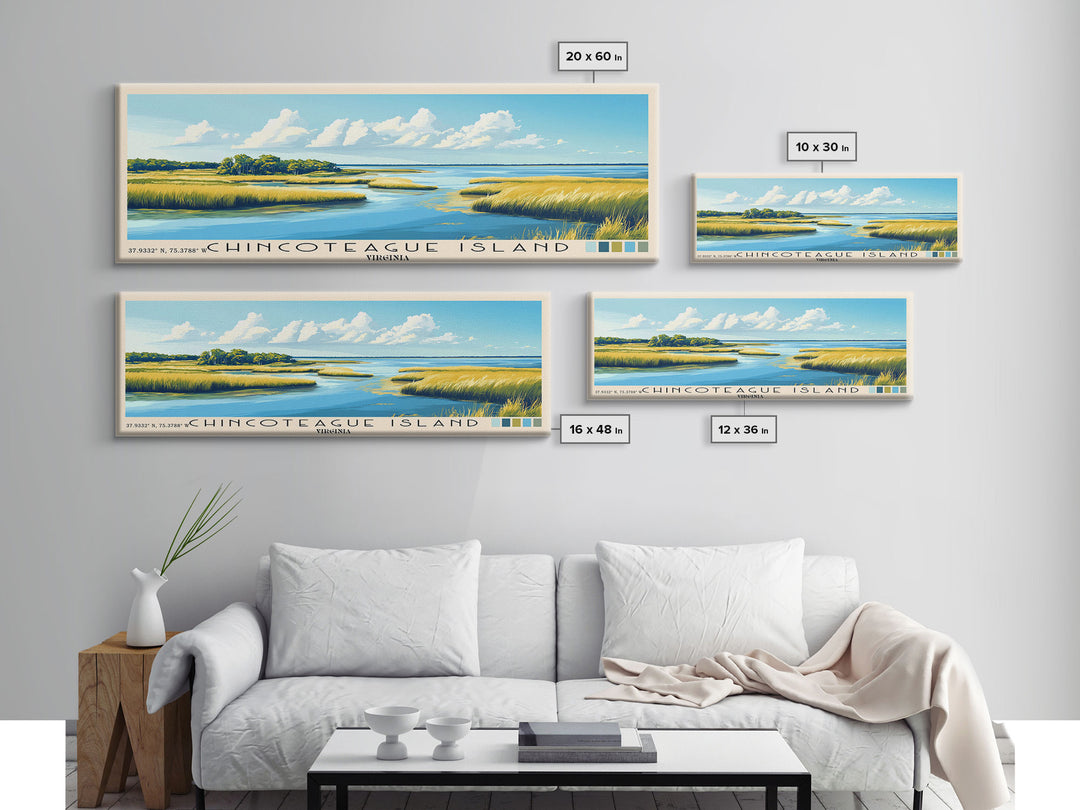 Chincoteague Island, Virginia Panoramic Beach Print, Vacation Gift, Virginia Wall Art, Framed Canvas Print, Framed Beach Painting