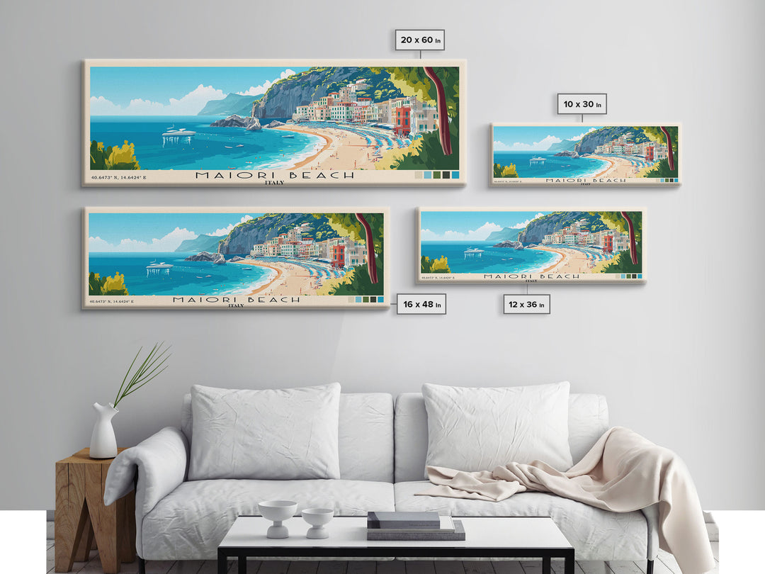 Maiori Beach, Italy Panoramic Print, Vacation Gift, Italy Wall Art, Beach Painting, Beach Decor, Beach Or Lakehouse Art