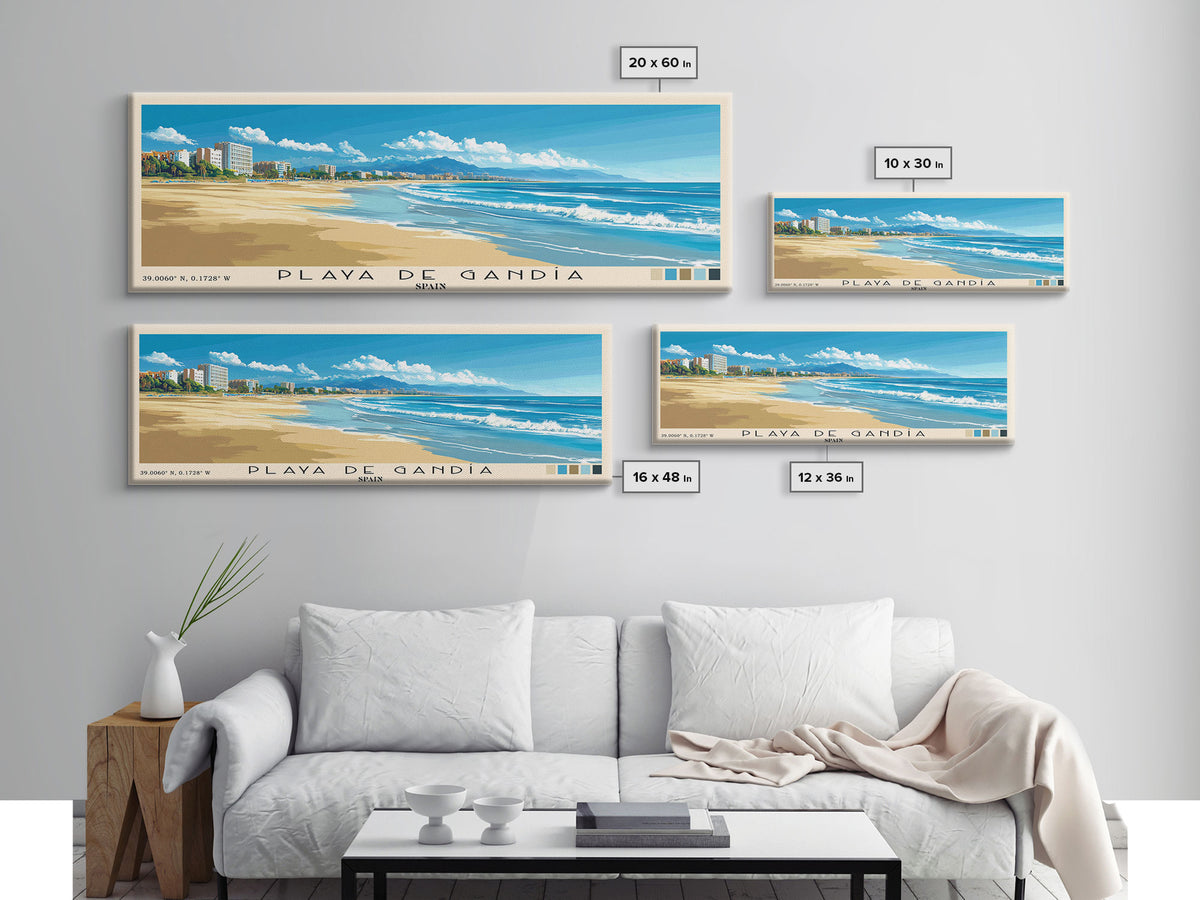 Playa de Gandía, Spain Panoramic Beach Print, Vacation Gift, Spain Wall Art, Beach Painting, Beach Decor, Beach Painting