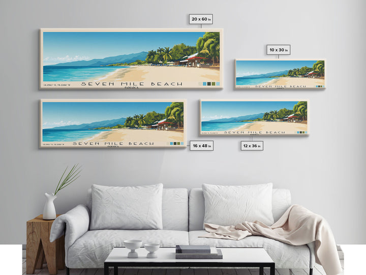 Seven Mile Beach, Jamaica Panoramic Print, Vacation Gift, Jamaica Wall Art, Beach Painting, Beach Decor, Large Wall Art, Wood Frame Art