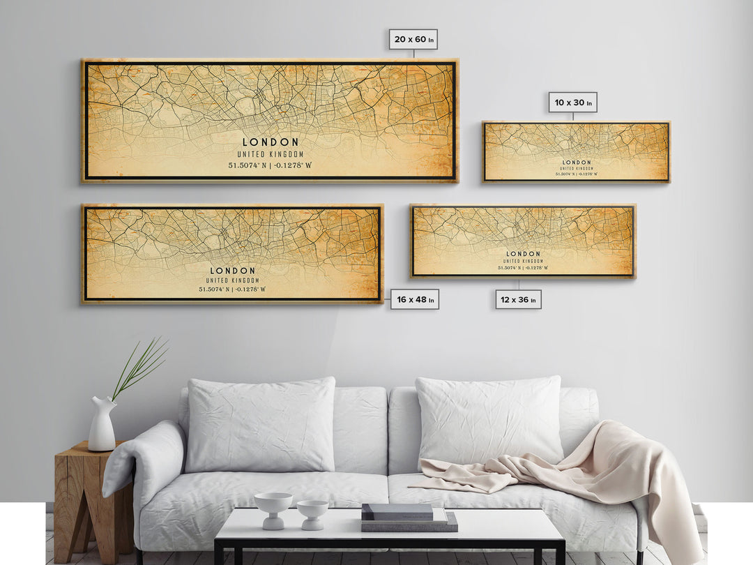 Panoramic London UK map print poster or framed canvas, London map print canvas, London city map print poster canvas, Vintage Travel Art