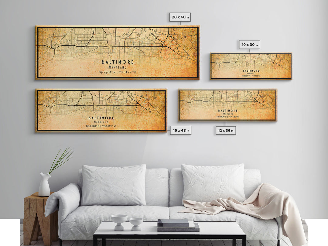 Panoramic Old Baltimore City Map Wall Art Canvas Print, Vintage Style Baltimore Map, Framed Wall Art, Cool Maryland Wall Art, Office Decor