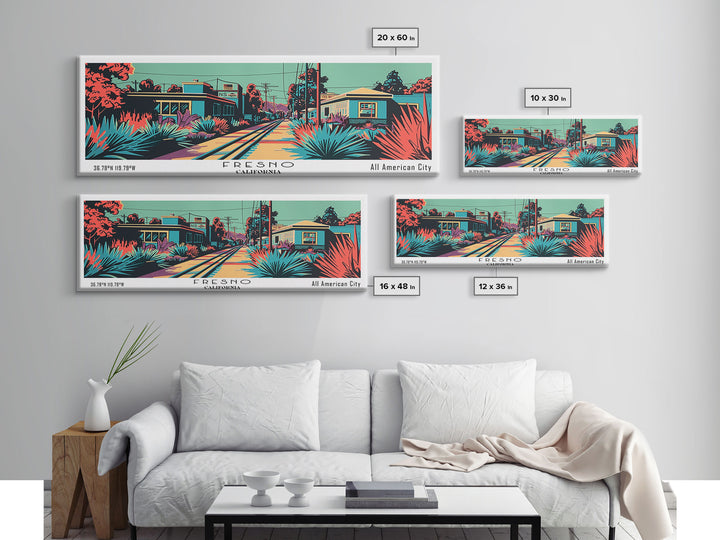Fresno California Panoramic Framed Canvas Print, Travel Poster, Mid Century Modern Art, Pop Art Style, Wall Art, Home Decor, Living Room Art, Vintage Wall Art