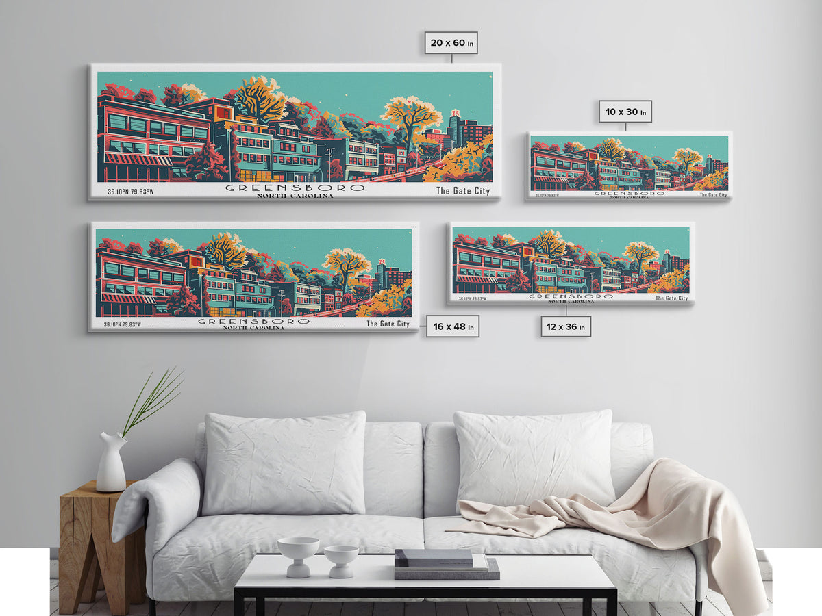 Greensboro North Carolina Travel Poster Framed Canvas Print, Panoramic Mid Century Modern Art, Pop Art Style, Wall Decor, Home Decor, Retro Style Art