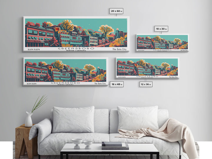 Greensboro North Carolina Travel Poster Framed Canvas Print, Panoramic Mid Century Modern Art, Pop Art Style, Wall Decor, Home Decor, Retro Style Art