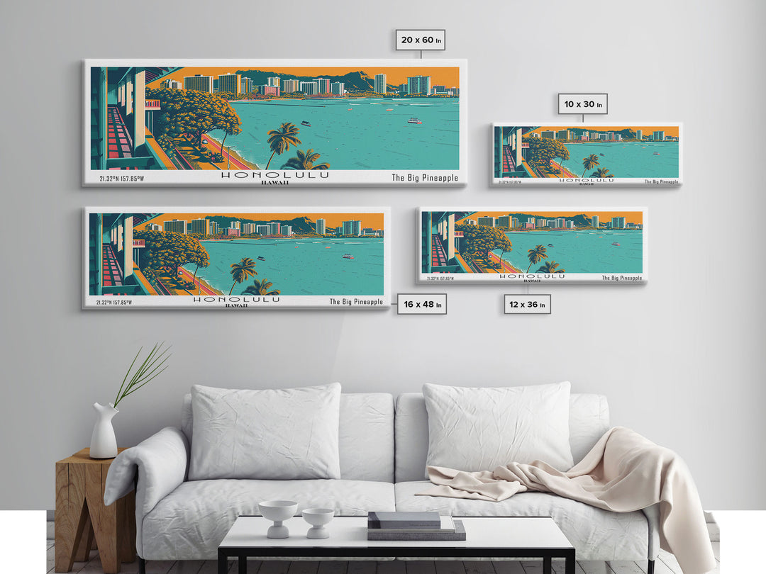 Honolulu Hawaii Panoramic Travel Poster Framed Canvas Print, Mid Century Modern Art, Pop Art Style, Wall Hanging, Home Decor, Vintage Wall Art, Office Wall Art