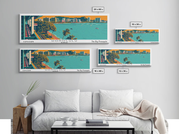 Honolulu Hawaii Panoramic Travel Poster Framed Canvas Print, Mid Century Modern Art, Pop Art Style, Wall Hanging, Home Decor, Vintage Wall Art, Office Wall Art