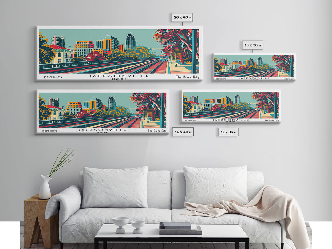 Jacksonville Florida Travel Poster Framed Canvas Print, Panoramic Mid Century Modern Art, Pop Art Style, Wall Art, Home Decor, Wall Hanging, Vintage Wall Art