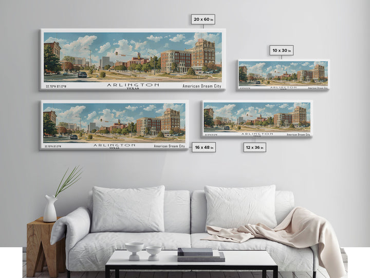 Arlington Texas Panoramic Painting, Watercolor Framed Canvas Print, Scenic City Art, Travel Poster, Wall Decor, Living Room Art, Gift Idea