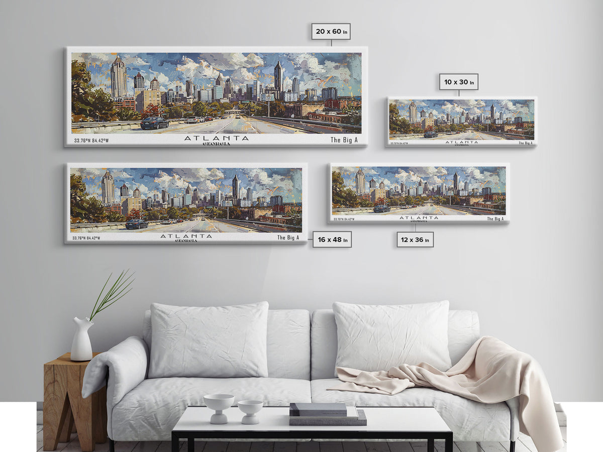 Atlanta Georgia Panoramic Watercolor Painting, Framed Canvas Print, Scenic City Art, Travel Poster, Home Decor, Wall Art, Office Wall Art