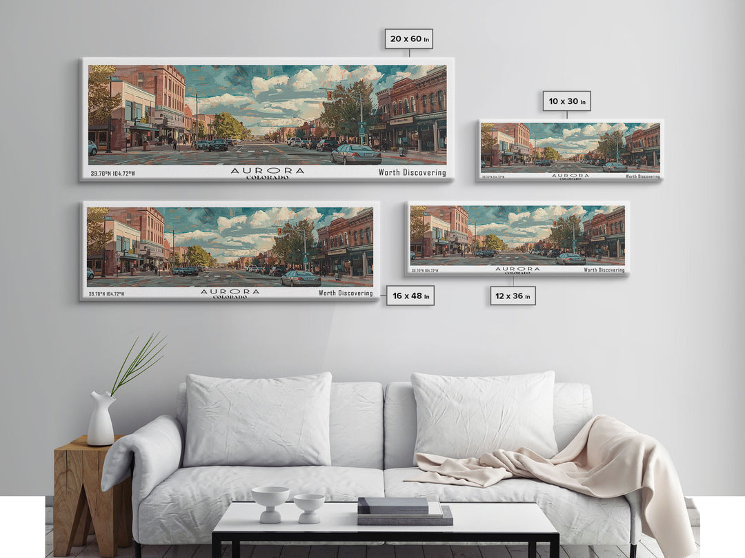 Aurora Colorado Panoramic Painting, Watercolor Framed Canvas Print, Scenic City Art, Travel Poster, Home Decor, Wall Hanging, Office Wall Art