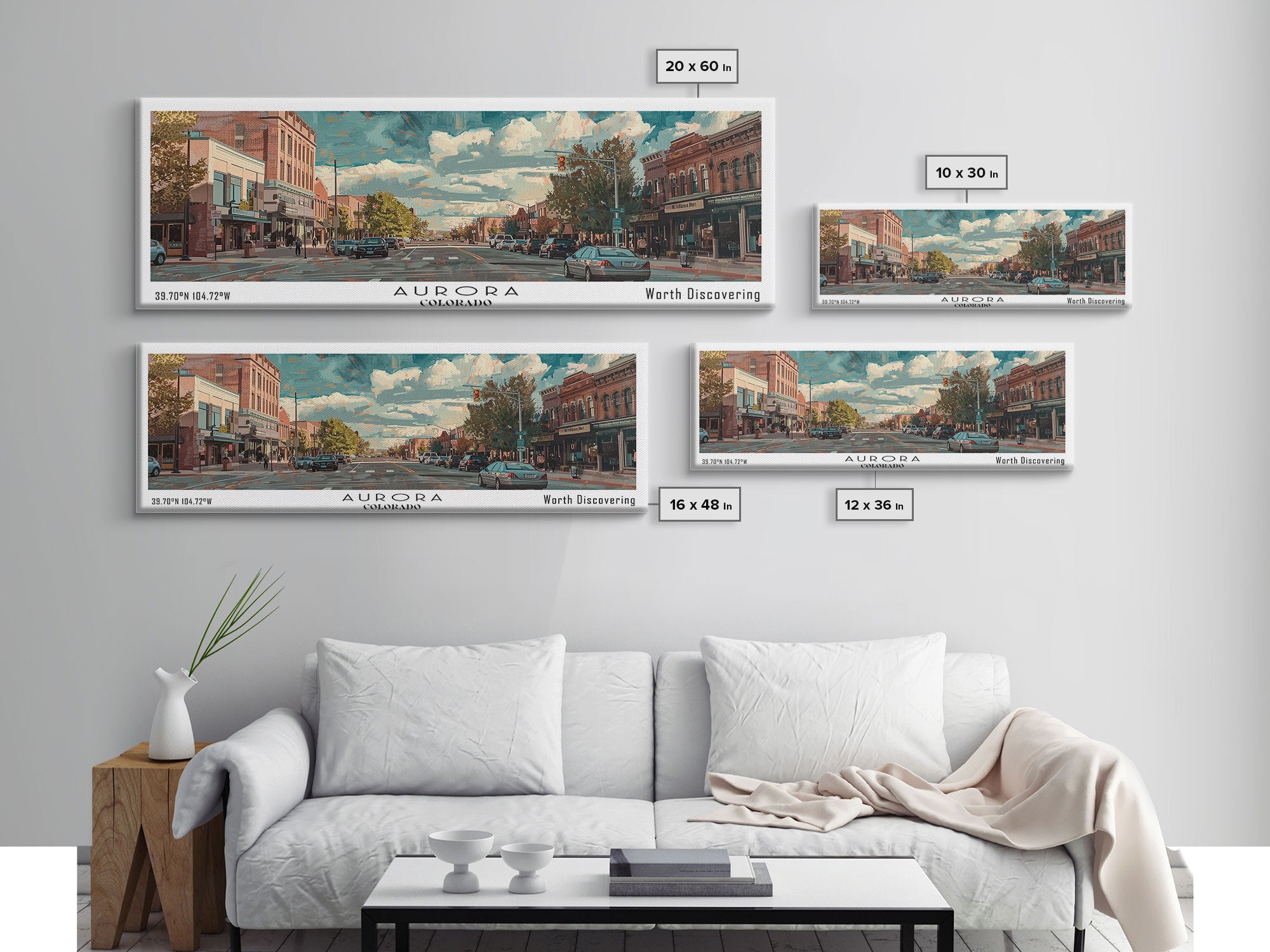 Aurora Colorado Panoramic Painting, Watercolor Framed Canvas Print, Scenic City Art, Travel Poster, Home Decor, Wall Hanging, Office Wall Art