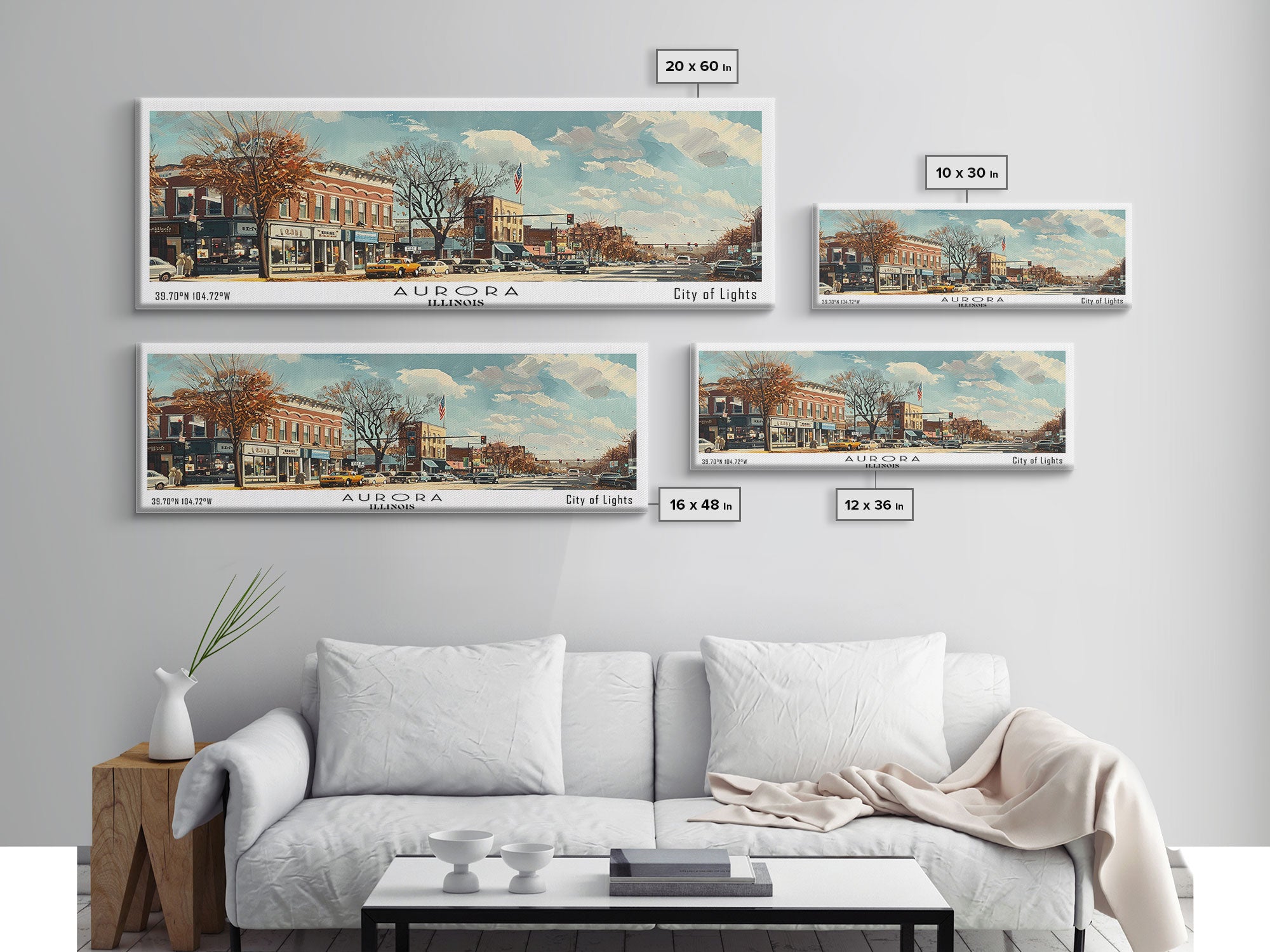 Aurora Illinois Panoramic Painting, Watercolor Framed Canvas Print, Scenic City Art, Travel Poster, Home Decor, Wall Art, Gift Idea