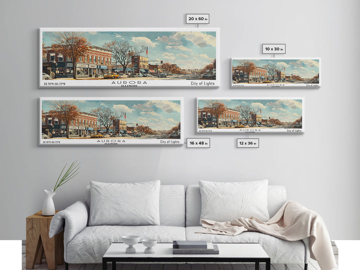 Aurora Illinois Panoramic Painting, Watercolor Framed Canvas Print, Scenic City Art, Travel Poster, Home Decor, Wall Art, Gift Idea