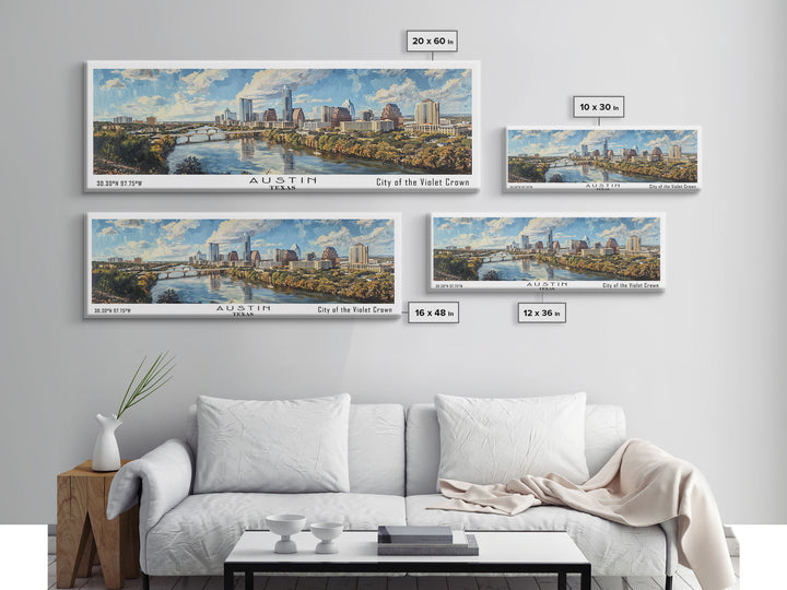 Austin Texas Panoramic Painting, Watercolor Framed Canvas Print, Scenic City Art, Travel Poster, Wall Decor, Living Room Art, Office Wall Art
