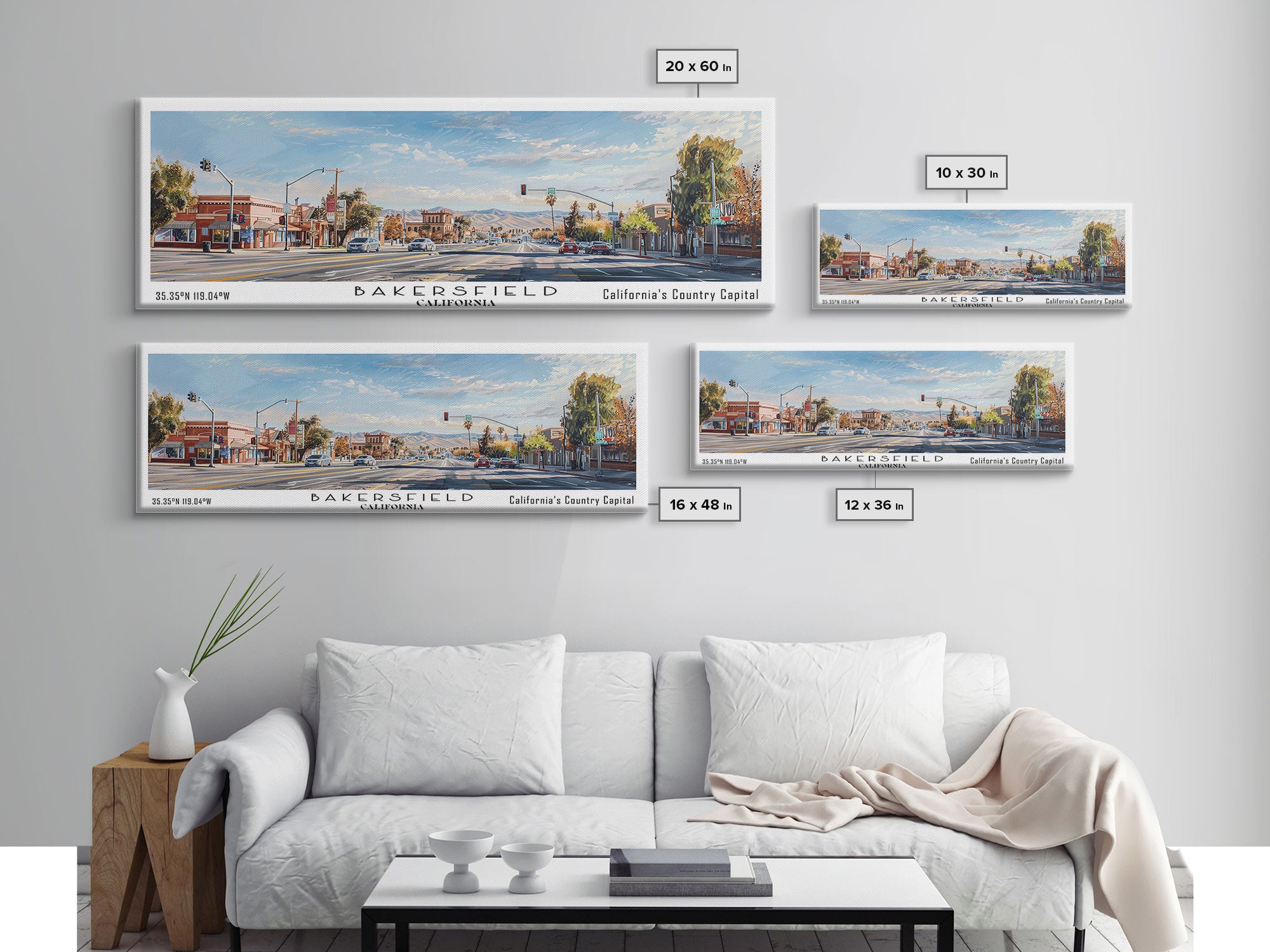 Bakersfield California Panoramic Painting, Watercolor Framed Canvas Print, Scenic City Art, Travel Poster, Home Decor, Wall Hanging, Gift Idea