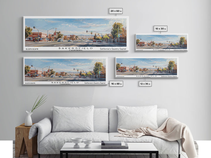 Bakersfield California Panoramic Painting, Watercolor Framed Canvas Print, Scenic City Art, Travel Poster, Home Decor, Wall Hanging, Gift Idea
