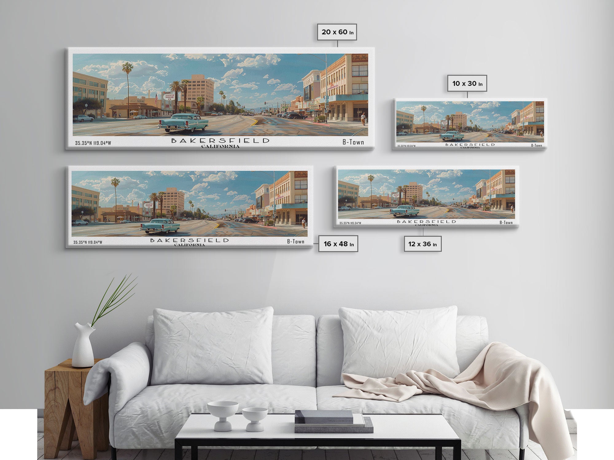 Bakersfield California Panoramic Watercolor Painting, Framed Canvas Print, Scenic City Art, Travel Poster, Wall Decor, Living Room Art, Office Wall Art