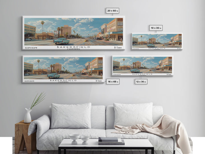 Bakersfield California Panoramic Watercolor Painting, Framed Canvas Print, Scenic City Art, Travel Poster, Wall Decor, Living Room Art, Office Wall Art