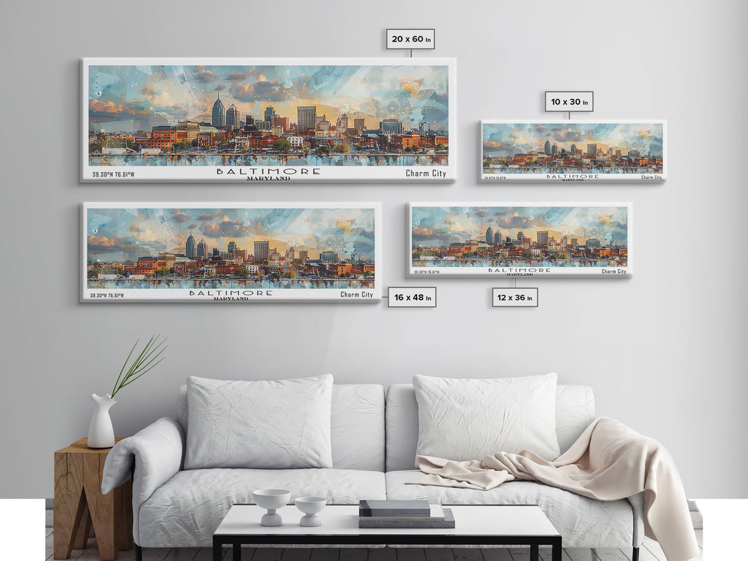 Baltimore Maryland Panoramic Painting, Watercolor Framed Canvas Print, Scenic City Art, Travel Poster, Home Decor, Wall Hanging, Office Wall Art
