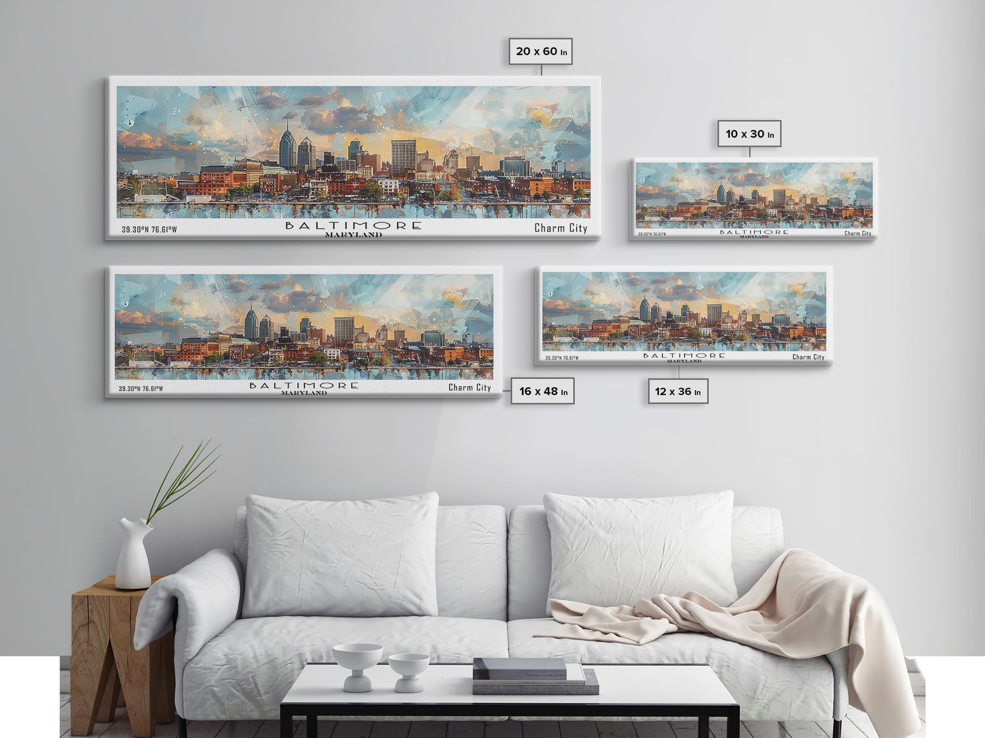 Baltimore Maryland Panoramic Painting, Watercolor Framed Canvas Print, Scenic City Art, Travel Poster, Home Decor, Wall Hanging, Office Wall Art