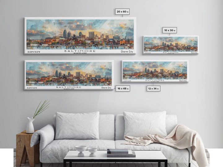 Baltimore Maryland Panoramic Painting, Watercolor Framed Canvas Print, Scenic City Art, Travel Poster, Home Decor, Wall Hanging, Office Wall Art