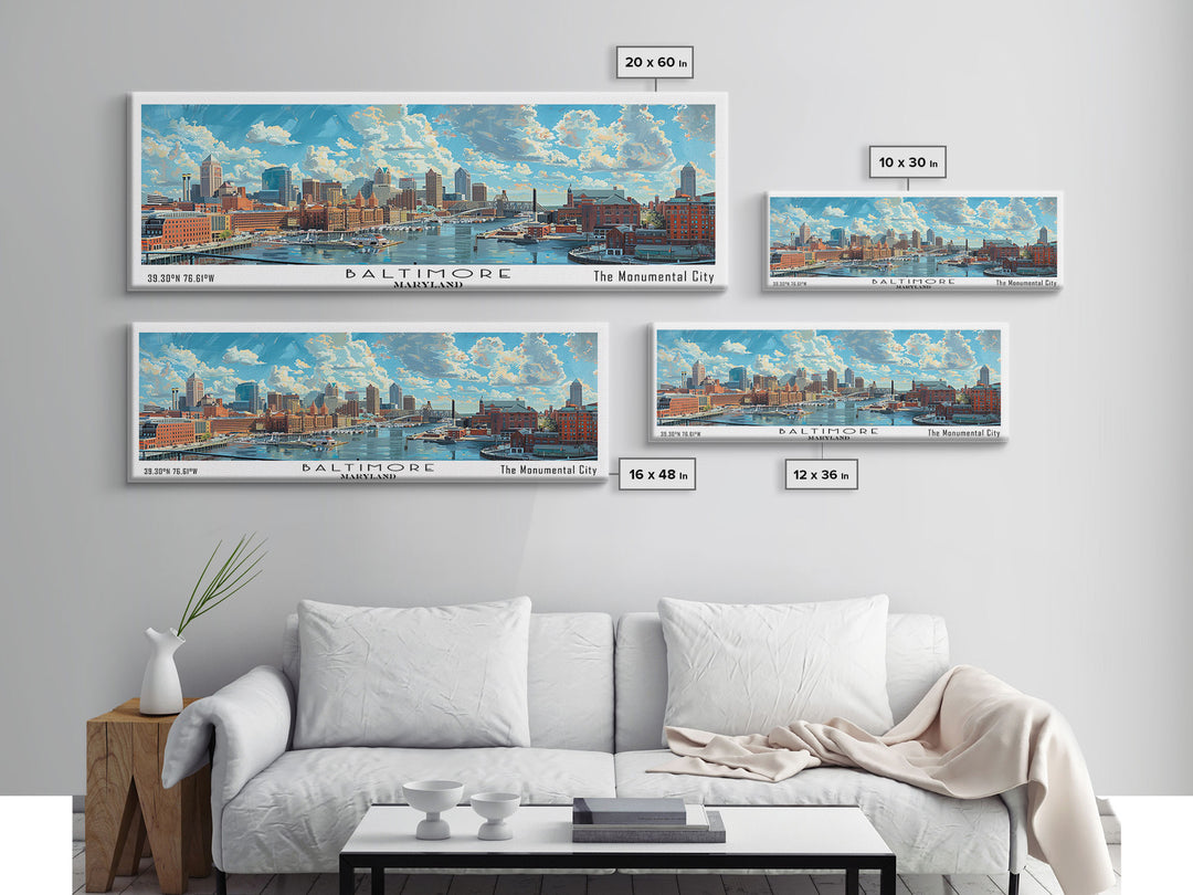 Baltimore Maryland Panoramic Watercolor Painting, Framed Canvas Print, Scenic City Art, Travel Poster, Wall Decor, Living Room Art, Gift Idea