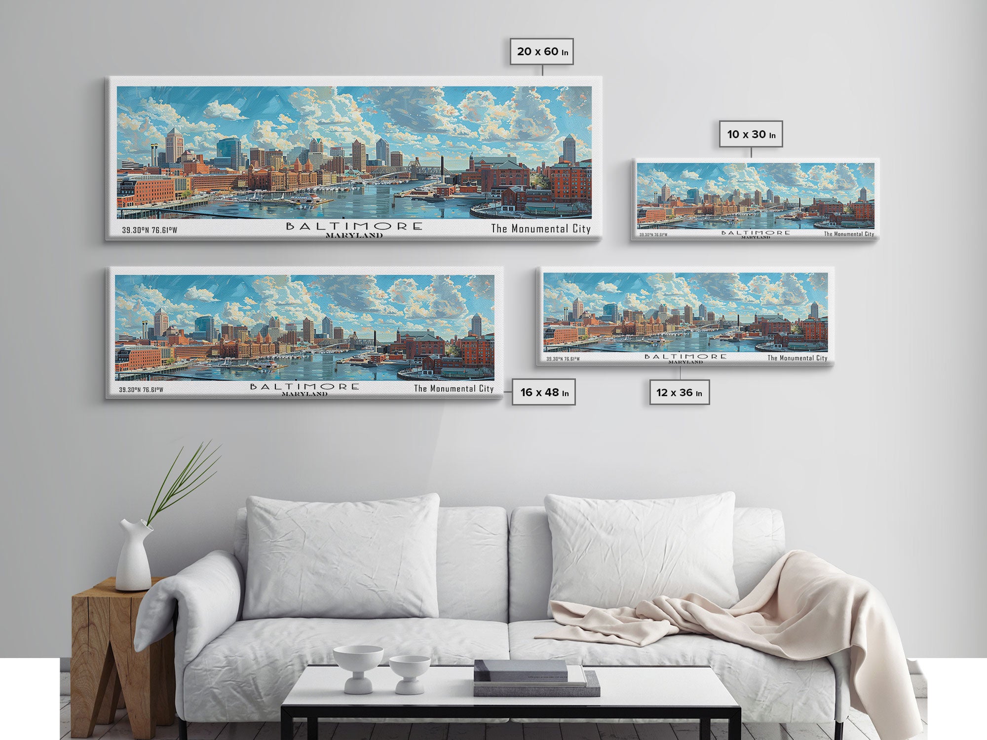 Baltimore Maryland Panoramic Watercolor Painting, Framed Canvas Print, Scenic City Art, Travel Poster, Wall Decor, Living Room Art, Gift Idea