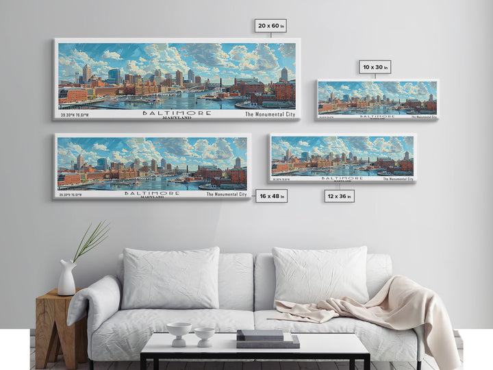 Baltimore Maryland Panoramic Watercolor Painting, Framed Canvas Print, Scenic City Art, Travel Poster, Wall Decor, Living Room Art, Gift Idea