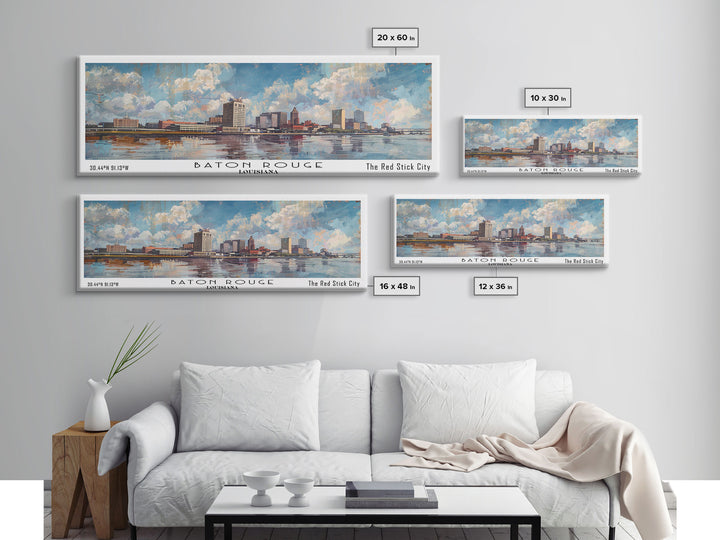 Baton Rouge Louisiana Panoramic Painting, Watercolor Framed Canvas Print, Scenic City Art, Travel Poster, Home Decor, Wall Art, Office Wall Art