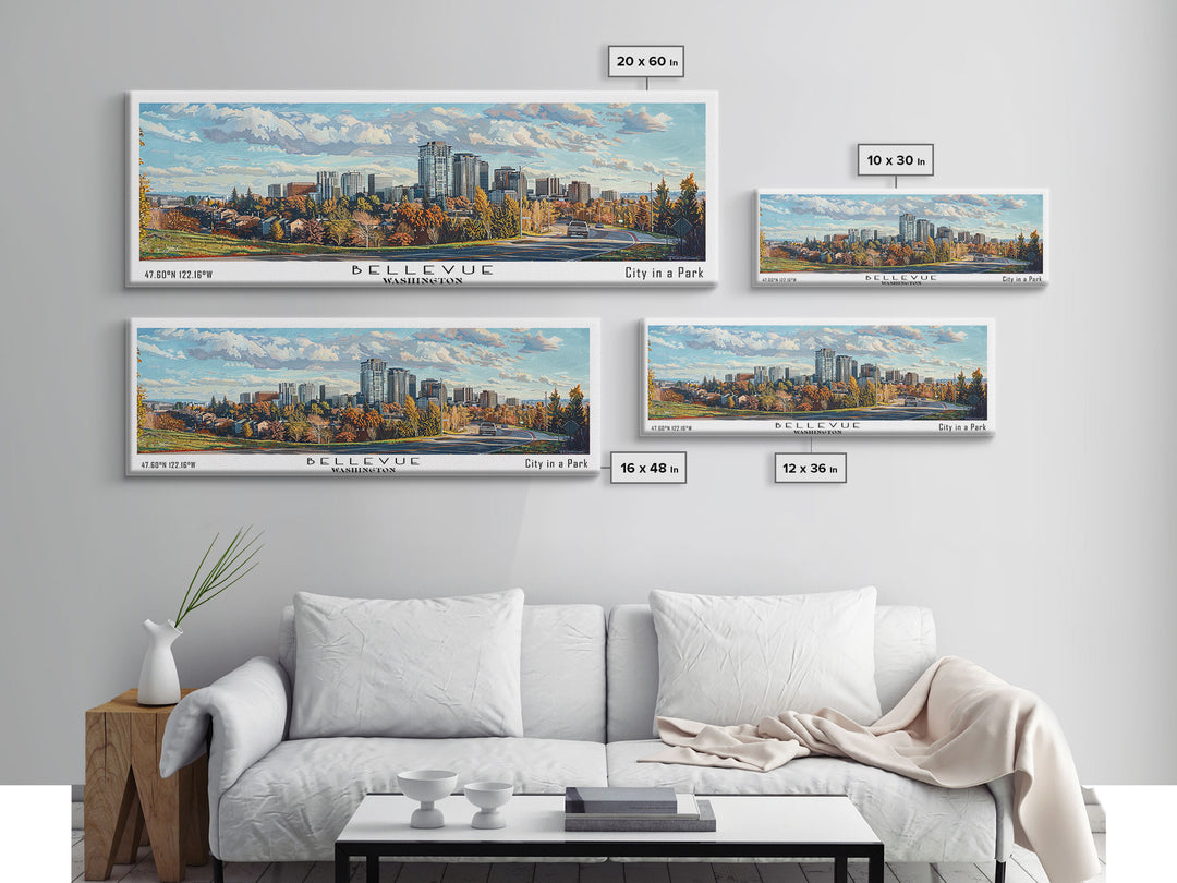 Bellevue Washington Panoramic Painting, Watercolor Framed Canvas Print, Scenic City Art, Travel Poster, Home Decor, Wall Art, Office Wall Art