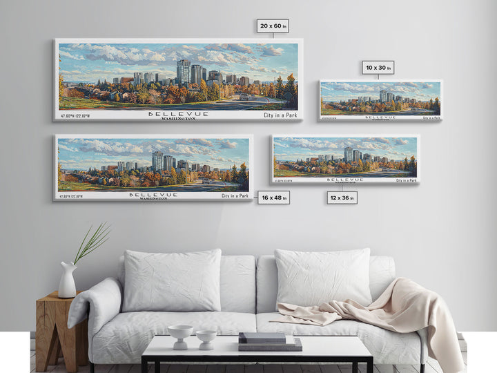 Bellevue Washington Panoramic Painting, Watercolor Framed Canvas Print, Scenic City Art, Travel Poster, Home Decor, Wall Art, Office Wall Art