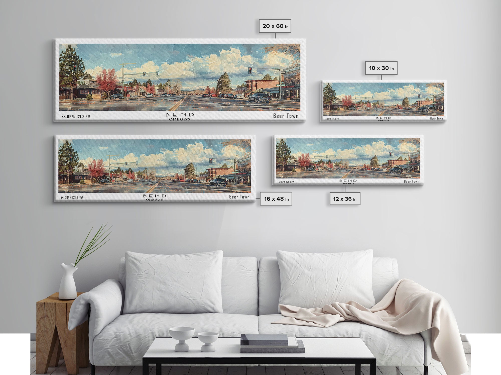 Bend Oregon Panoramic Painting, Watercolor Framed Canvas Print, Scenic City Art, Travel Poster, Home Decor, Wall Hanging, Living Room Art