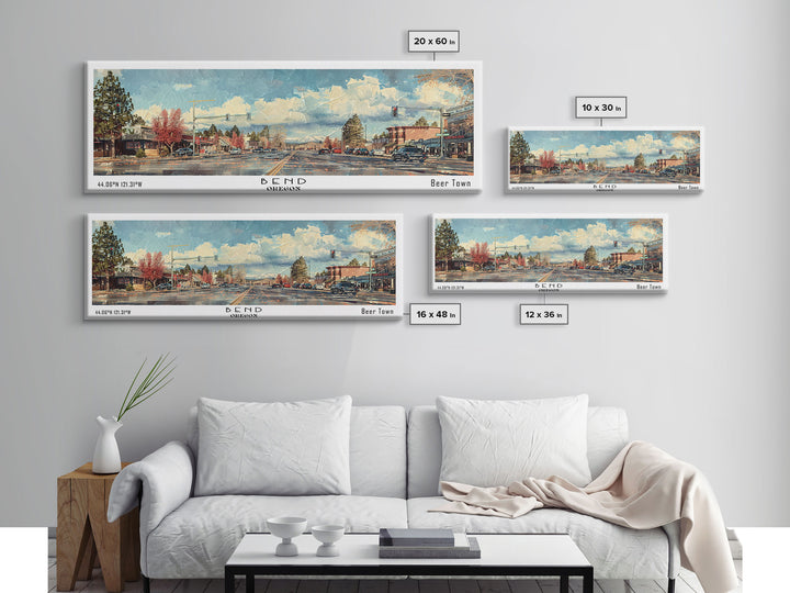 Bend Oregon Panoramic Painting, Watercolor Framed Canvas Print, Scenic City Art, Travel Poster, Home Decor, Wall Hanging, Living Room Art